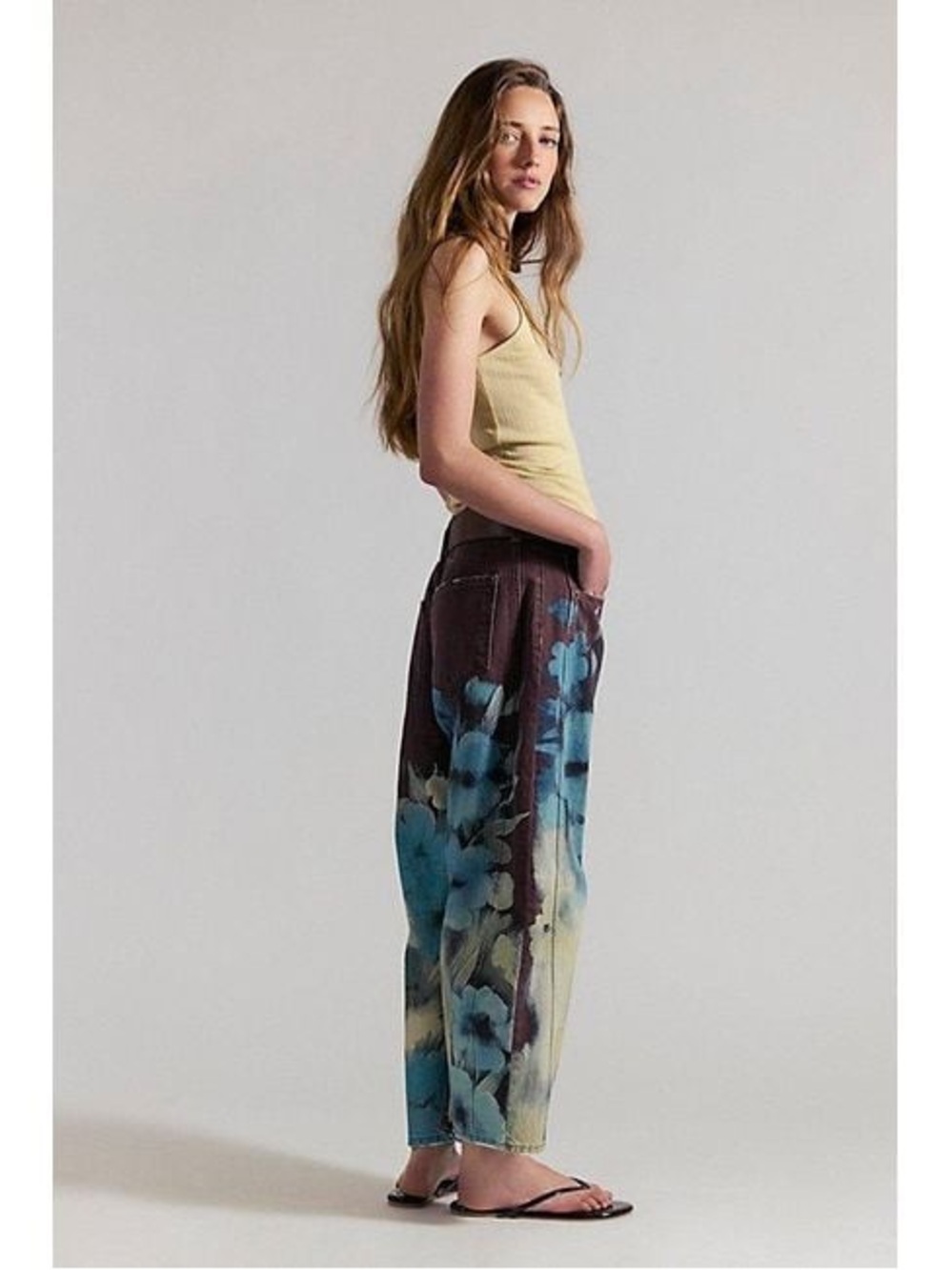 Free People Wide-Leg Painterly Floral Pants in Teal & Brown - Picture 3 of 8